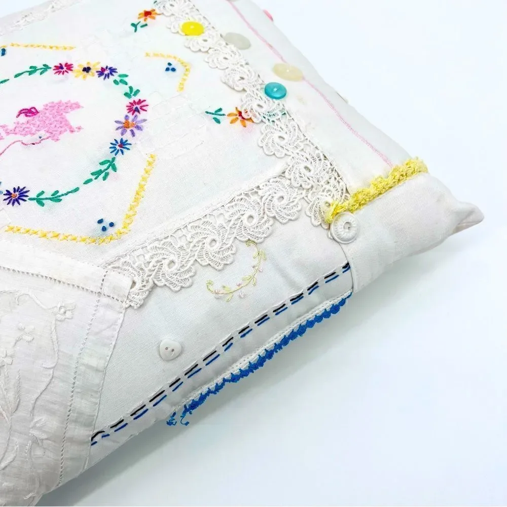 Pillow Cushion Handmade Embroidery Craft Floral Lace Crochet Multicolor Boho